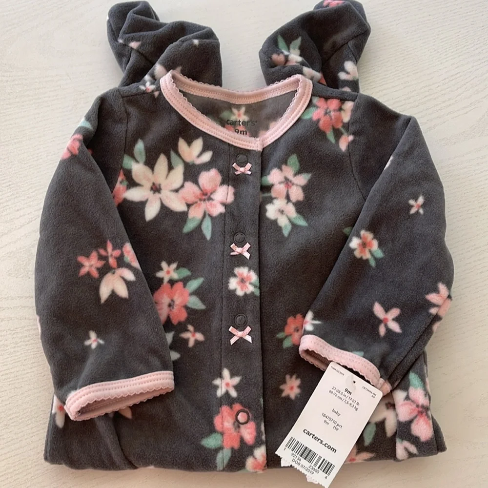 Carter's Baby Cozy Pajamas, Dark Grey with Pink & Coral Flower Print, Sz 9 Month